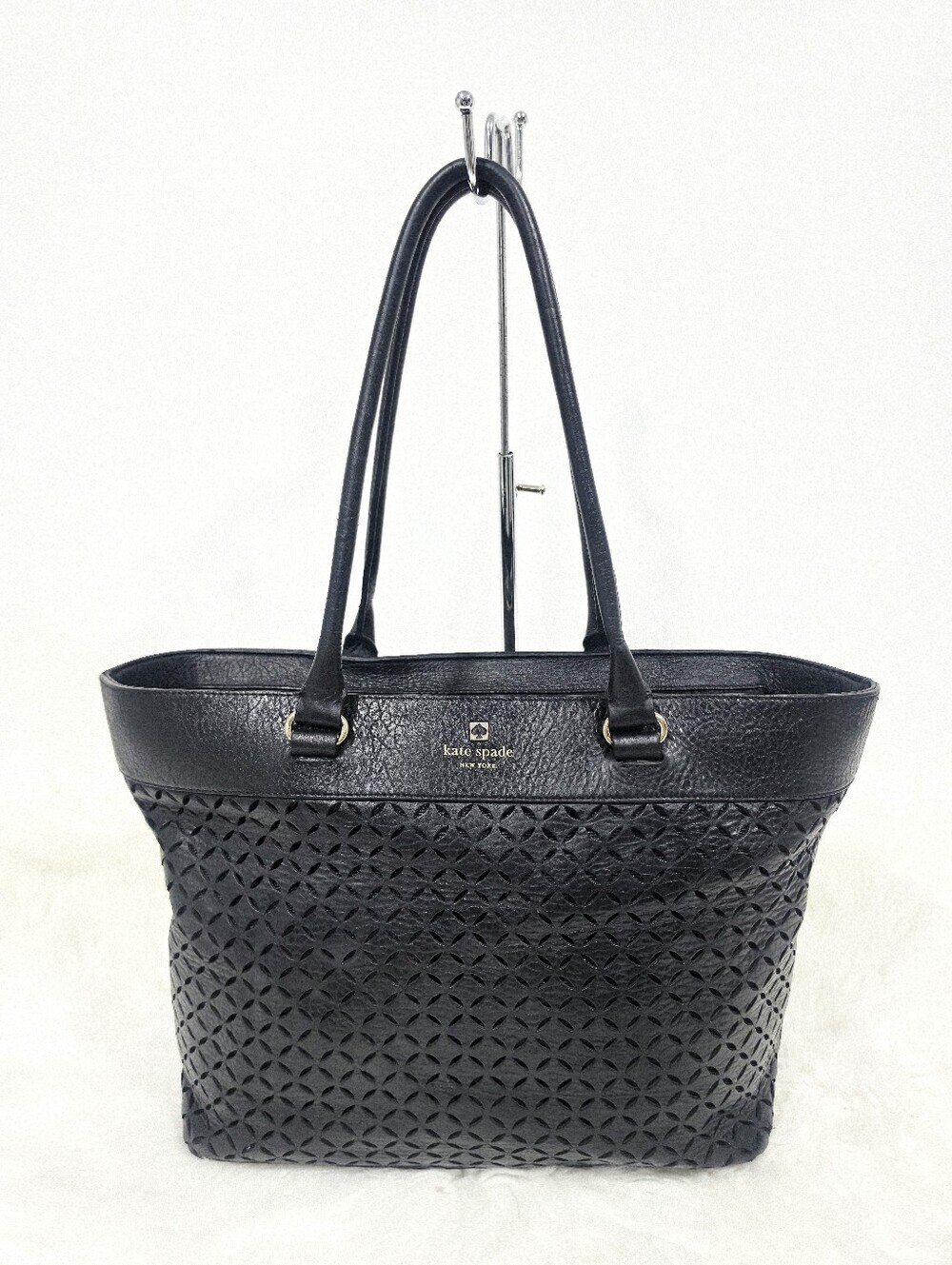 Kate Spade New York Black Leather Laser Cut Large Tote Shoulder Bag
